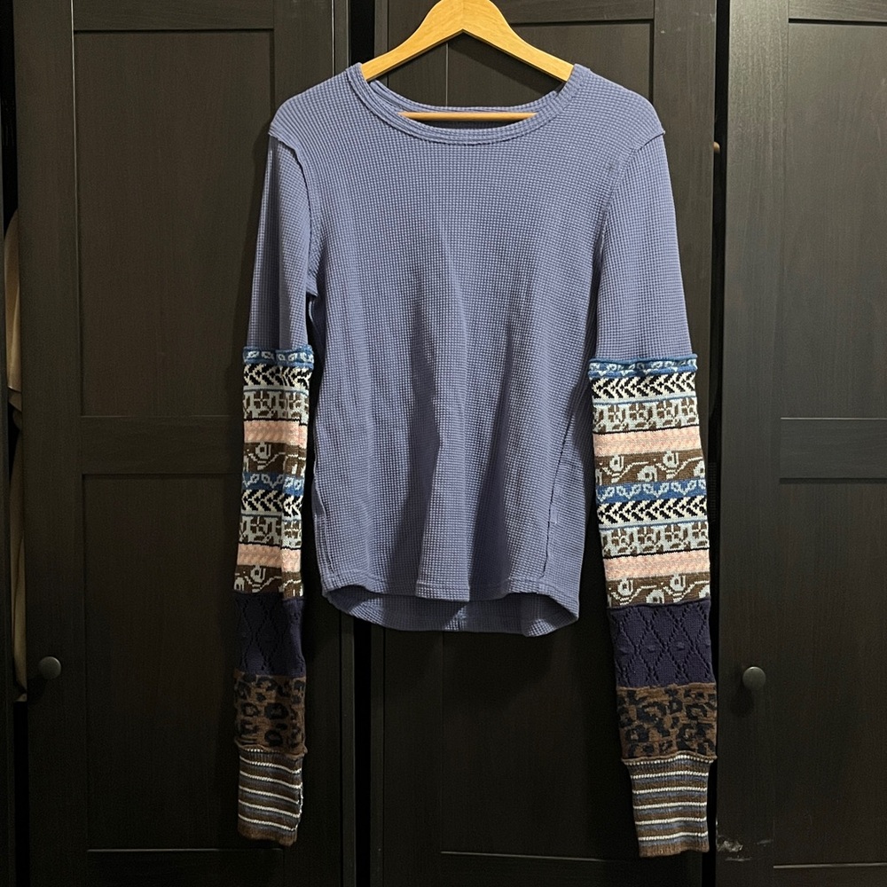 Free People Blue Waffle Knit Long Sleeve Top with Patterned Sleeves - Picture 7 of 8